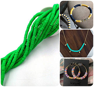 Плоскі Намистини з Полімерної Глини / на нитці ~ 310 шт / Ø 6 мм / довжина нитки - 40 см / Темно-Зелений