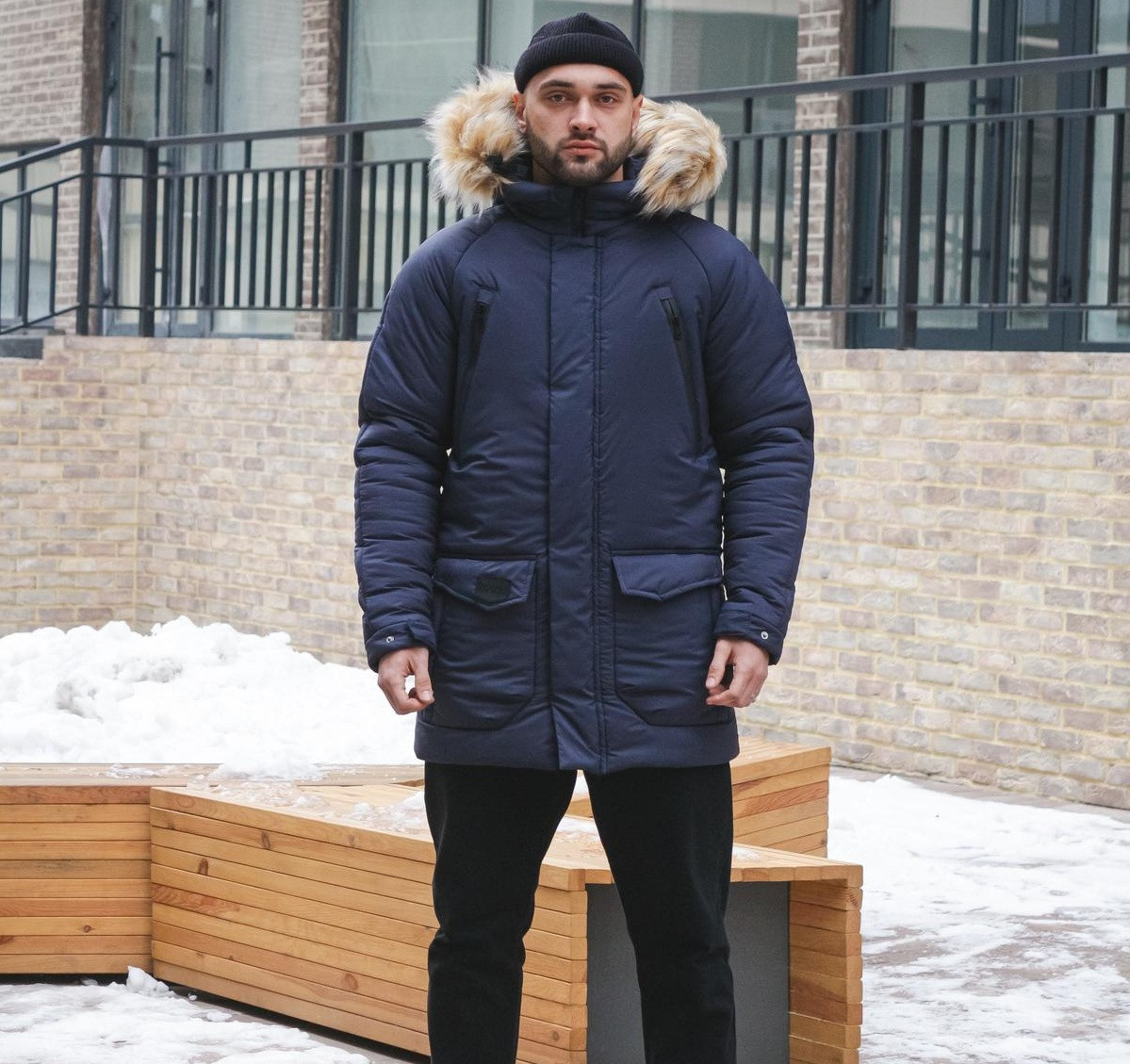 Парка чоловіча зимова куртка подовжена з хутром на капюшоні тепла Туреччина синя. Живе фото. Чоловіча куртка