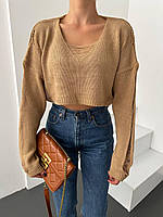 Женский укороченный свитер, оверсайз, в рваном стиле, мокко
