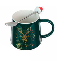 Кружка новорічна "Олень" кришка + ложка, 400 мл., кераміка