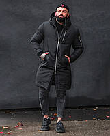 Куртка мужская зимняя удлиненная черного цвета, Куртка мужская тинсулейт черная длинная с капюшоном M