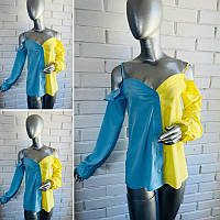 Модная женская элегантная лёгкая,двухцветная блуза свободного кроя,прямая 42-44,46-48 Цвет жёлтый+голубой