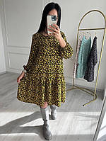 Стильное модное женское платье,с воланом.Рукав длинный фонарик.Мини.Креп принт 42-46 Цвет4