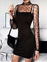 Модне жіноче ефектне плаття обтисле Міні Креп дайвінг+сітка в горошок Колір чорний 42-44,46-48