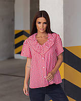 Модная женская коттоновая блузка-рубашка с воротничкомв клетку на пуговицах,:коттон 42-44,46-48 Цвета2 Красная