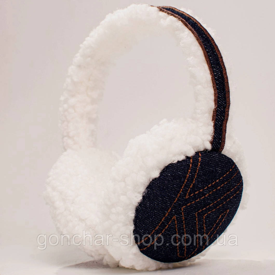 Теплі навушники KENT&AVER зимові хутряні тедді TEDDY денім білі, фото 1