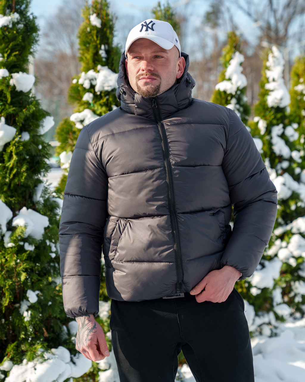 Короткий пуховик чоловічий с капюшоном на пуху графіт, фото 1