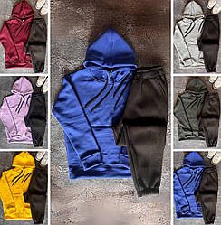 Жіночий спортивний костюм із худі теплий двоколірний на флісі, синій, бордовий, бузковий, жовтий, сірий