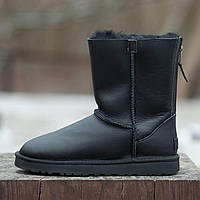 Женские зимние UGG Classic Short II ZIP Boot Black Leather, теплые черные кожаные угги классик шорт молния уги