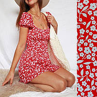 Стильное модное женское летнее легкое платье Софт 42-44,46-48 Цвет красный с цветочным принтом