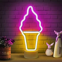 Неоновый ночник - светильник Мороженое - Рожок Neon Decoration Lamp (28x13x10 см, USB, 3хАА) - Желто розовый