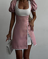 Супер стильное женское любимое платье Лен+Трикотаж Рубчик Мустанг 42--44,44-46 Цвет Белый+розовый
