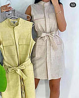 Стильное модное женский лёгкое платье с накладными карманами на пуговицах,с поясом Лён 42-44,46-48 Цвета2