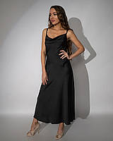Женское длинное шелковое платье комбинация Черный