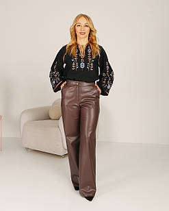 Жіночі брюки Сімона шоколад із еко-шкіри на замші