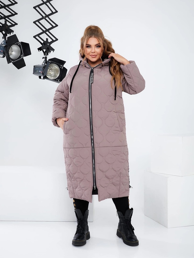 Тепле зимове жіноче пальто на синтепоні стьобане великих розмірів: 52-54,56-58 60-62,64-66 бежеве