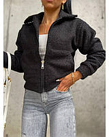Теплая свободная женская кофта-куртка на молнии, без капюшона Эко-Мех 42-46 Цвет черный