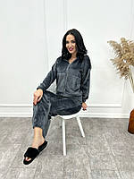 Женская теплая пижама | Махровый домашний костюм комфортный, мягкий | Кофта на змейка + штаны | Норма Графит, 42/44