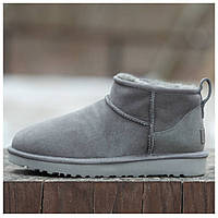 Женские зимние UGG Classic Ultra Mini Grey Suede, теплые серые замшевые угги ультра мини ботинки уги