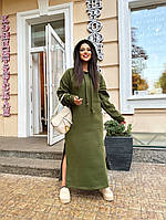 Тёпленькое уютное стильное женское платье с капюшоном Длинный рукав, Тринитка42-46,50-54 Цвета3 Хаки