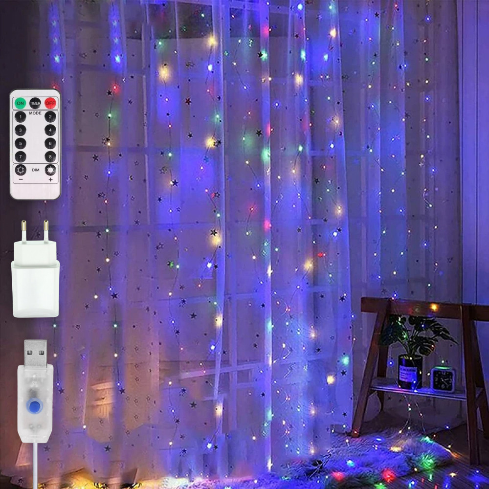 Гірлянда штора Роса + пульт, 1,8x1,2м, 144 LED, від USB та мережі 220В, 12 ниток, 8 режимів