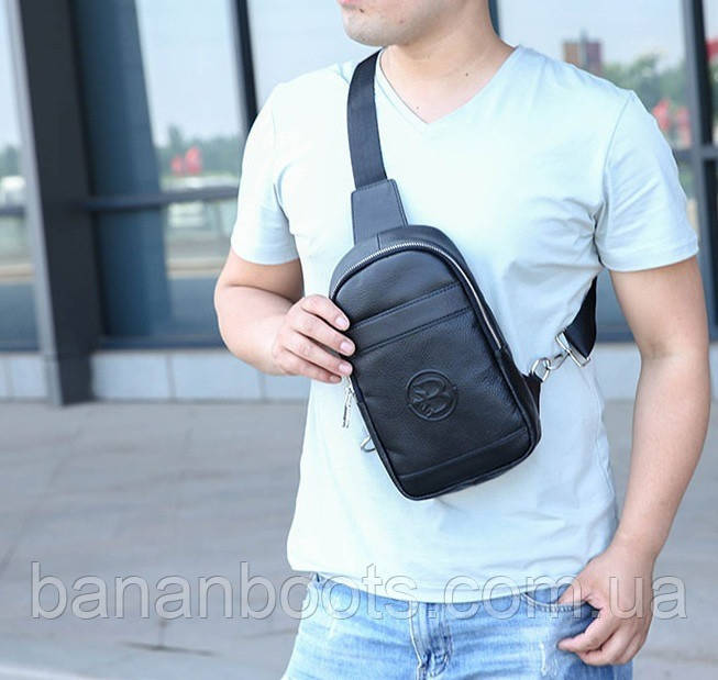 Кожаная мужская бананка слинг на плечо , кроссбоди сумка барсетка на грудь из натуральной кожи Feidikabolo черный - фото 8 - id-p2043889946