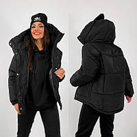 Трендовая женская зимняя куртка -пуховик с капюшоном черная. Размеры 42, 44,46,48