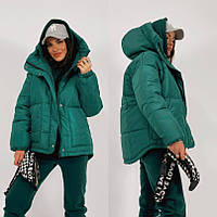 Трендовая женская зимняя куртка -пуховик с капюшоном зеленая. Размеры 42, 44,46,48