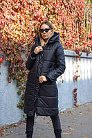 Женская теплая удлиненная зимняя куртка - пальто с капюшоном Размеры 42, 44,46,48 черная