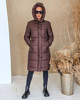 Женская теплая удлиненная зимняя куртка - пальто с капюшоном Размеры 42, 44,46,48 коричневая (шоколад)