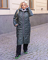 Теплое зимнее женское пальто на синтепоне стеганное больших размеров: 46-48,50-52,54-56,58-60,62-64 хаки