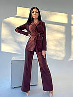 Женский классический костюм, пиджак с поясом и брюки, шоколад