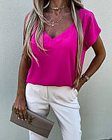Модная женская летняя короткая блузка с глубоким вырезом и коротким рукавом.Супер Софт42-44,44-46Цвета3 Фуксия
