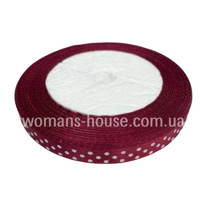 Атласна стрічка 1 см Бобіна 23 м Марсала з білим горохом №37, фото 1