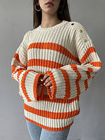 Стильный тёпленький женский свитер - туника свободного кроя в полосочку Турция Вязка 42-48 Цвета4 Оранж