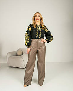 Жіночі брюки Сімона темний беж, теплі брюки із еко-шкіри 52
