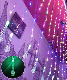 Світлодіодна гірлянда штора "Роса з кристалом" 3x2м, 600 LED, 15 ниток, 220В, 8 режимів