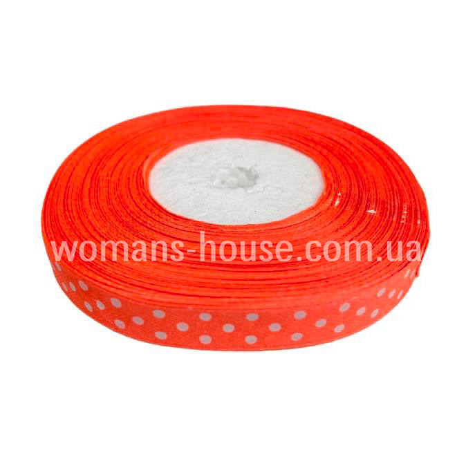 Атласна стрічка 1 см Бобіна 23 м Яскраво помаранчевий з білим горохом №23, фото 1