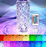 Настольная аккумуляторная лампа с пультом 22см ночник Роза с пультом RGB Crystal Rose.