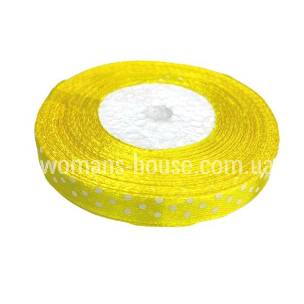 Атласна стрічка 1 см Бобіна 23 м Світло жовтий з білим горохом №143, фото 1
