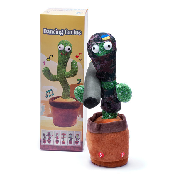 Патріотичний Танцюючий кактус що говорить Тарас з джавеліном з підсвічуванням 32 см співає (Без цензури) повторюшка USB зарядка, фото 1