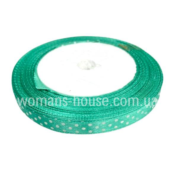 Атласна стрічка 1 см Бобіна 23 м М'ята з білим горохом №54, фото 1