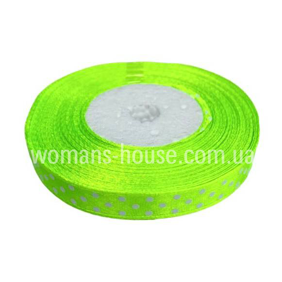 Атласна стрічка 1 см Бобіна 23 м Салатовий з білим горохом №57, фото 1