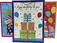 Подарочный пакет "Happy Birthday: подарки" с глиттером и апликацией 42х31х12 см, микс 4 шт