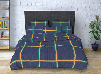 Простирадло 150х220 (Ранфорс) | Полуторне простирадло від виробника "Королева Ночі" | Клітка, смуги на синьому
