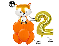 Набор воздушных шаров Лисичка с золотой фольгированной цифрой 2, комплект 7 шаров