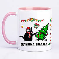 Чашка с принтом, печать макета "Елка упала,поднимай" / Кружка новогодняя с котиком 330мл (цвет розовый) (17206)