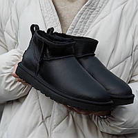 Угги мужские UGG Classic Ultra Mini черные, Угги ультра мини кожаные с мехом внутри. код IN-1634 42-26.5 см