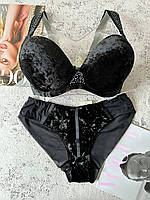 80,85,90D Велюровый комплект женского нижнего белья на 4 размер груди черный, бюстгальтер и трусики