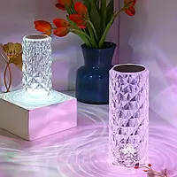 Настольная аккумуляторная лампа Роза с пультом 22 cм RGB Crystal Rose.